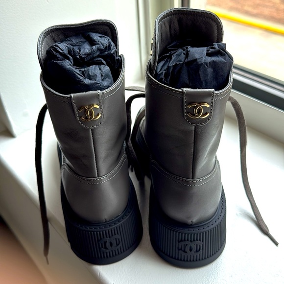 CHANEL Black and Gray Lace-Up Combat Boots - Picture 4 of 7